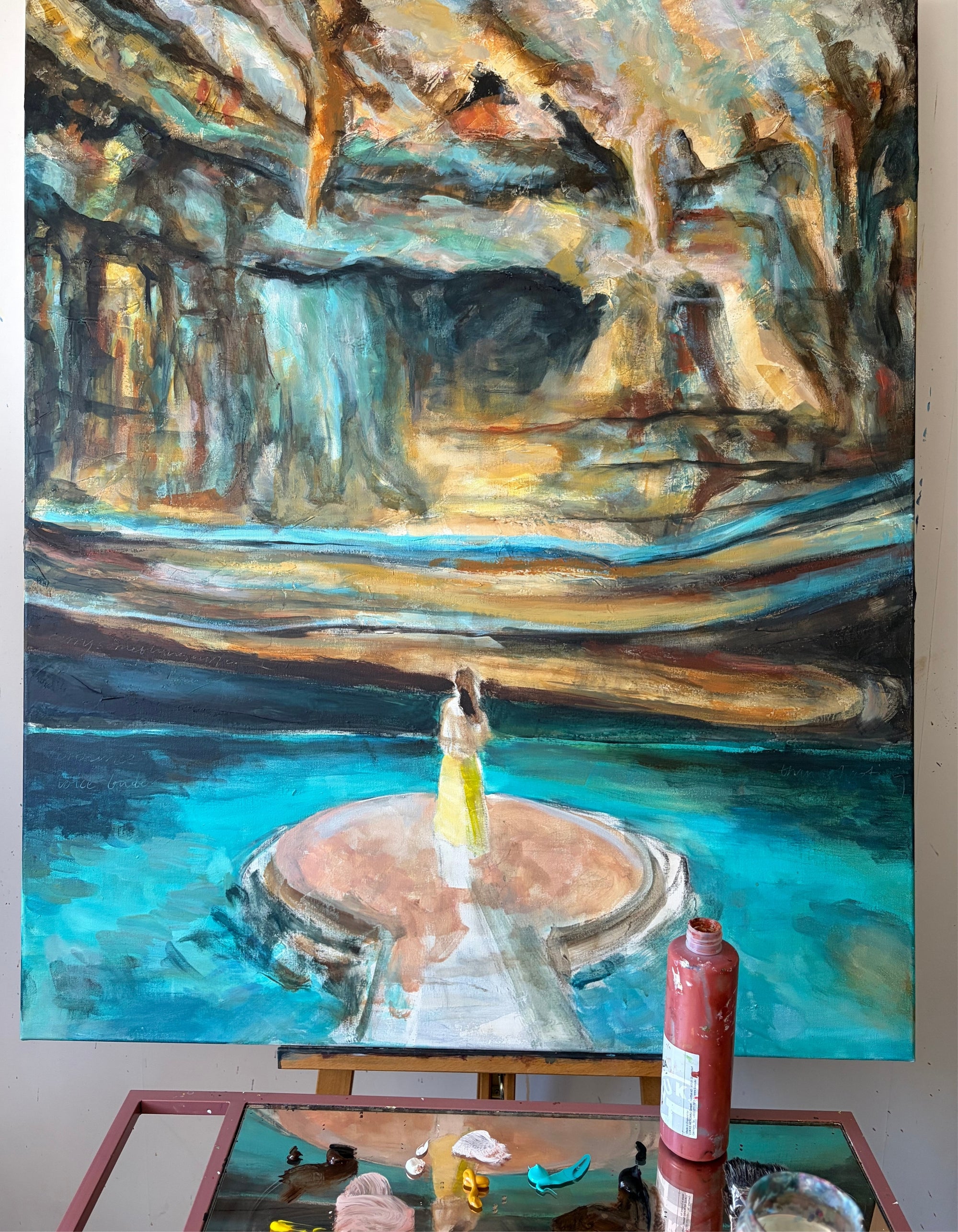 Swedish artist Ingela Johansson in her studio working on the mixed media painting Rise
