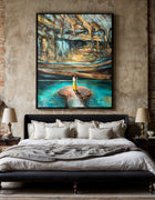 Rise, original painting by Swedish artist Ingela Johansson, framed and hanging in a bedroom