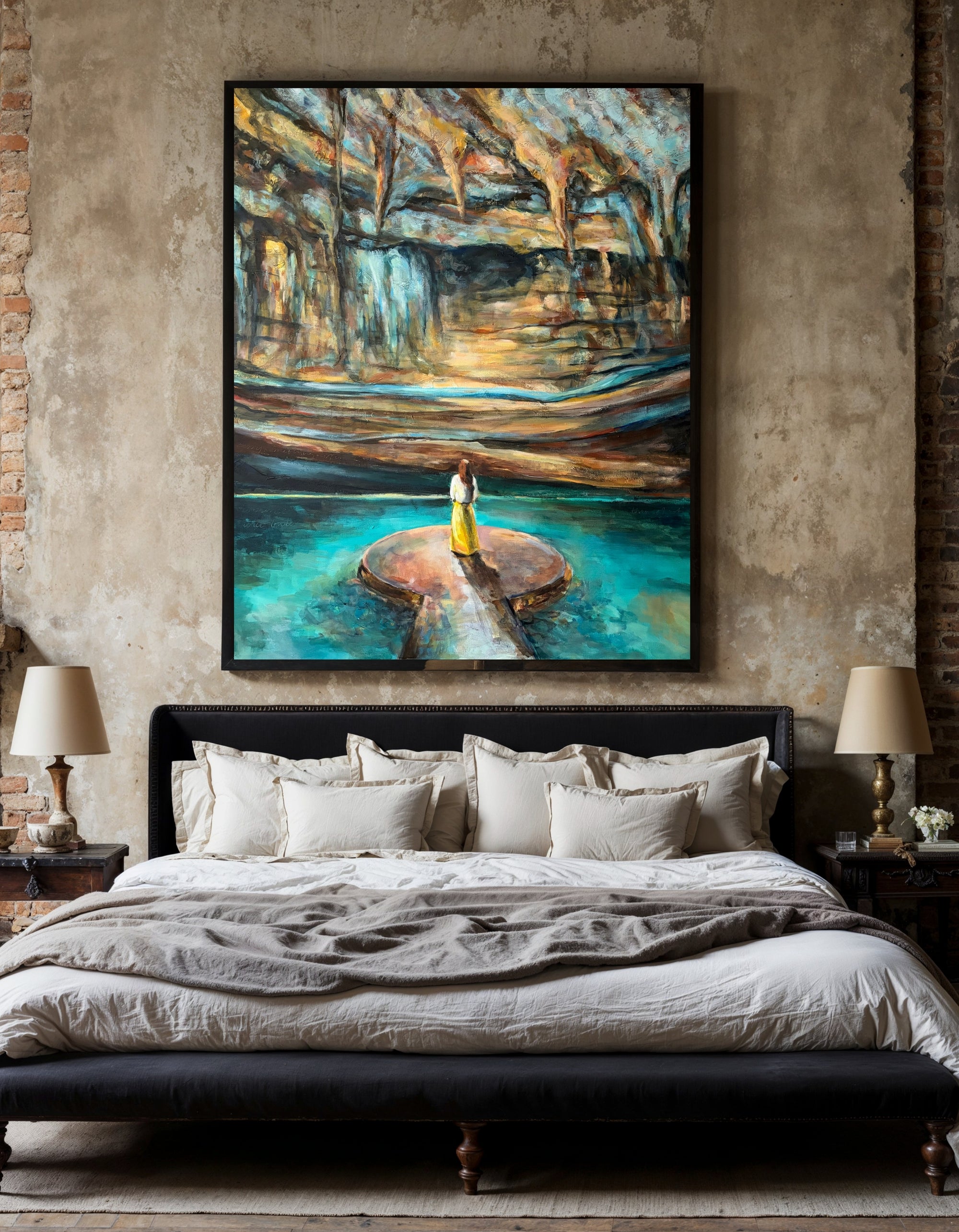 Rise, original painting by Swedish artist Ingela Johansson, framed and hanging in a bedroom