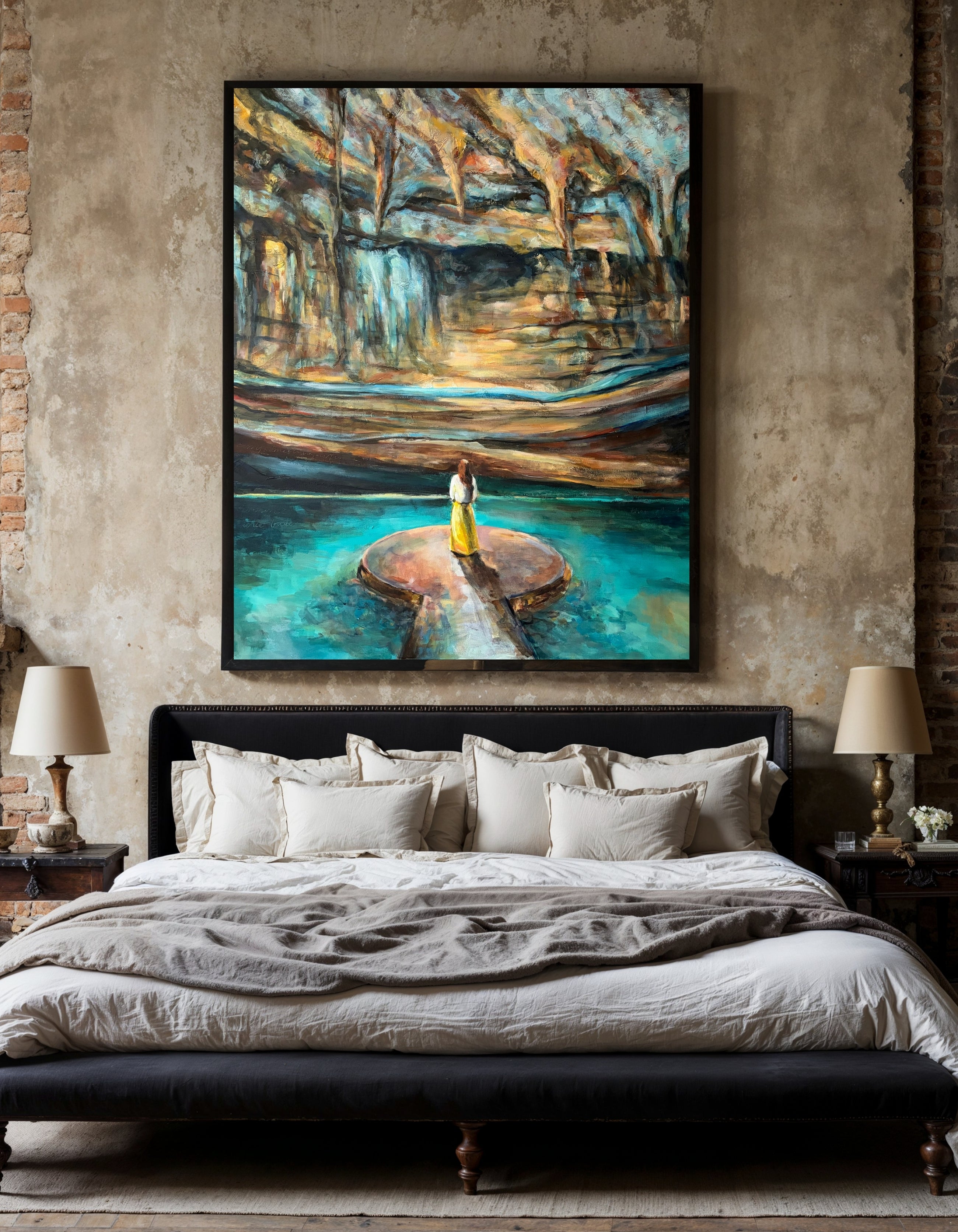 Rise, original painting by Swedish artist Ingela Johansson, framed and hanging in a bedroom