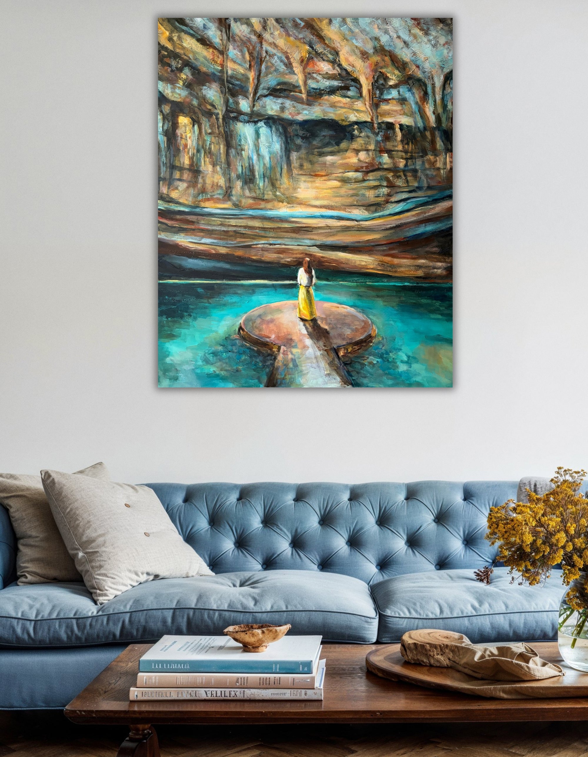 Rise, original mixed media painting by Swedish artist Ingela Johansson, styled above a sofa in a blue, brown and white living room