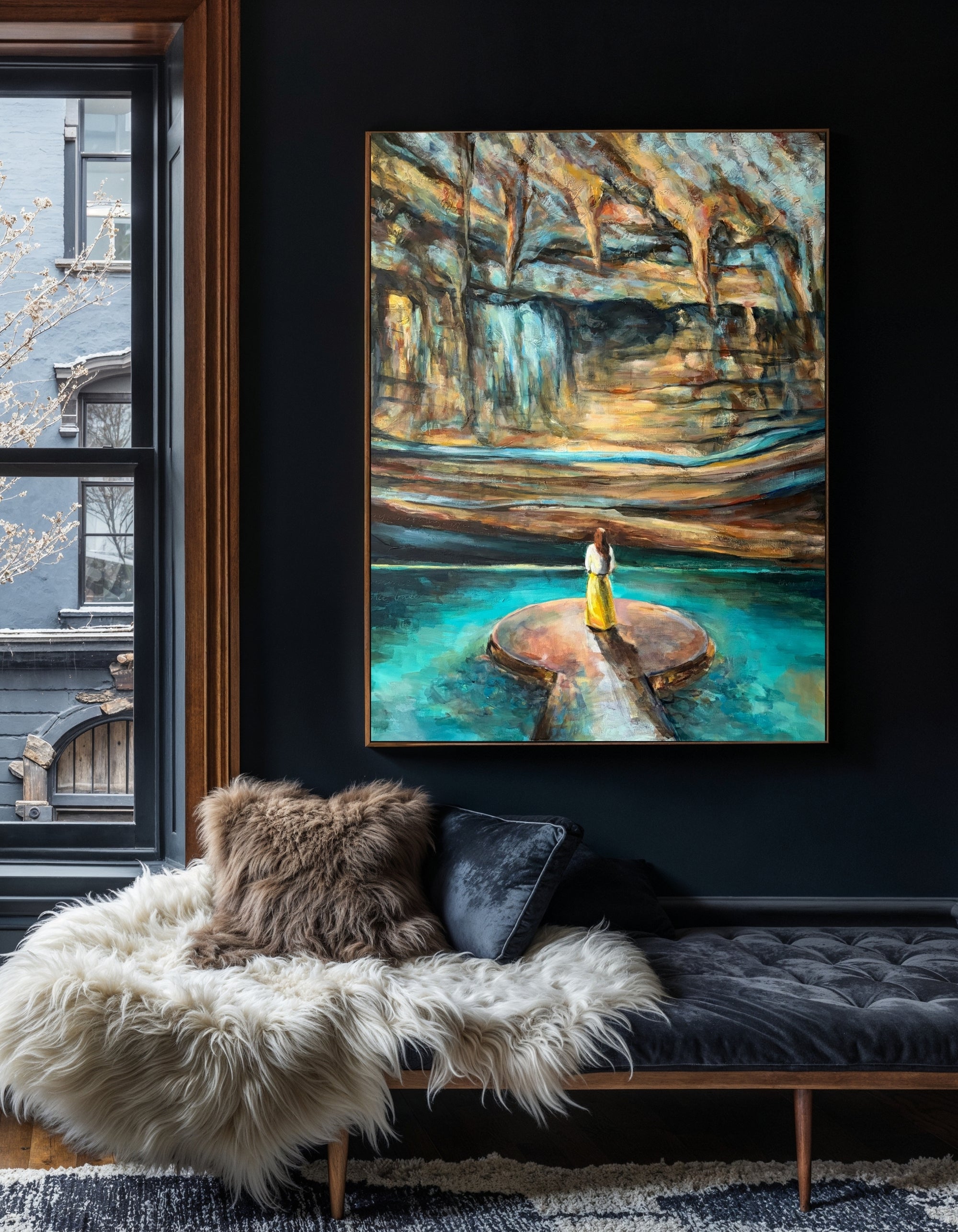Rise, an original mixed media painting by Swedish artist Ingela Johansson, shown on a wall to reveal its textured surface