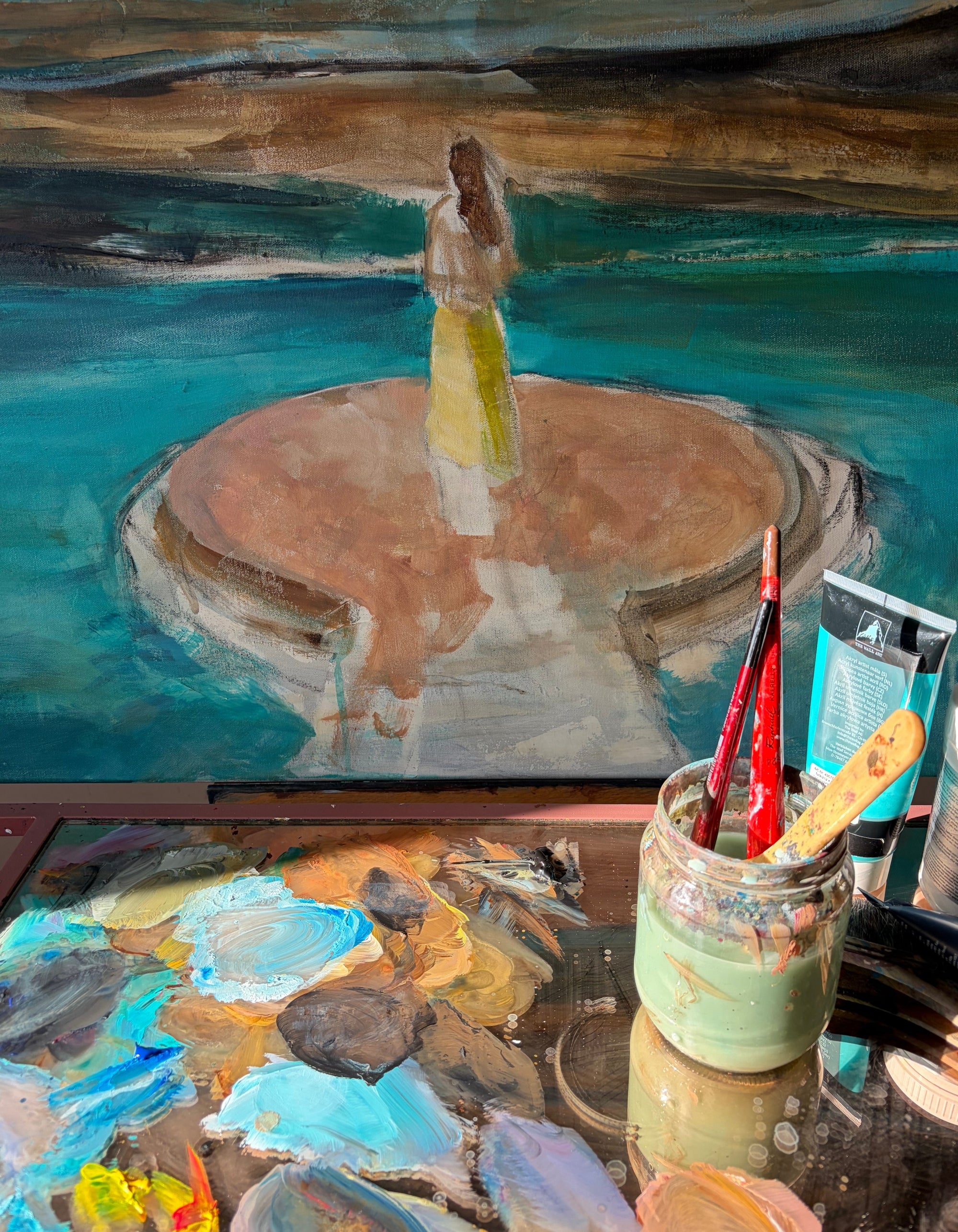 Ingela Johansson painting Rise in her studio in Karlstad, Sweden