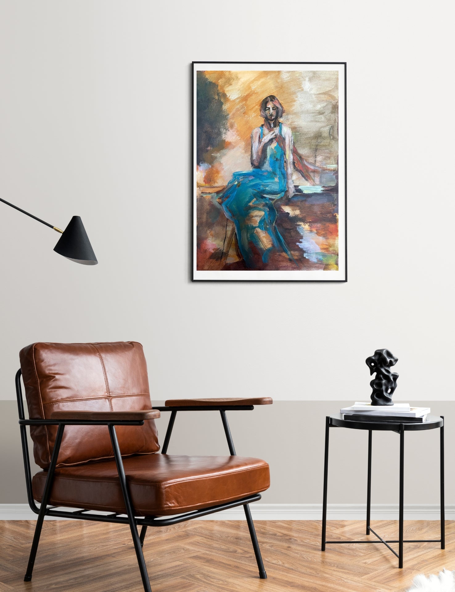 Original acrylic painting on watercolor paper by Swedish artist Ingela Johansson titled It’s a Feeling (2025) — expressive female figure in blue tones reflecting inner emotion.