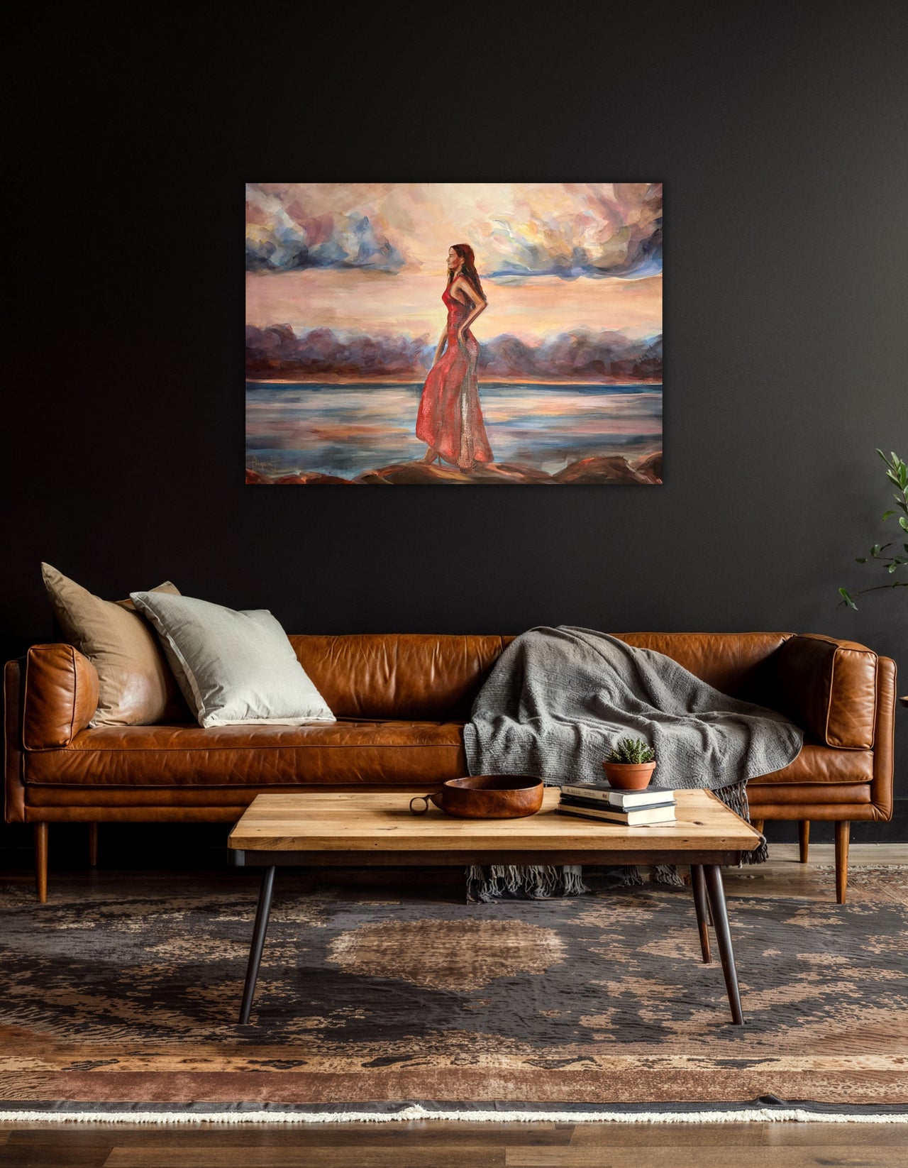 Sovereign in Red by Ingela Johansson displayed with a brown sofa – original acrylic painting, RED Collection 2026