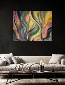Sunset Currents original abstract acrylic painting by Swedish artist Ingela Johansson, displayed in a contemporary living room with a dark wall