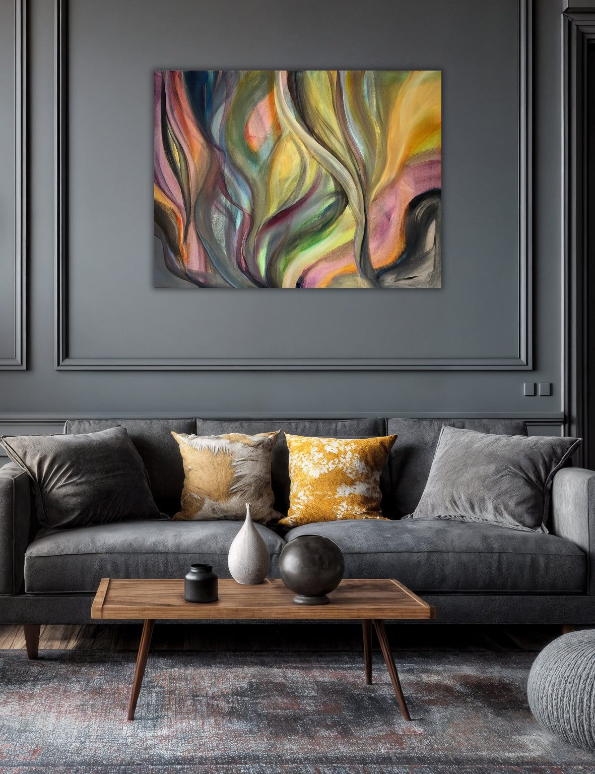 Sunset Currents original abstract acrylic painting by Swedish artist Ingela Johansson, displayed in a grey living room