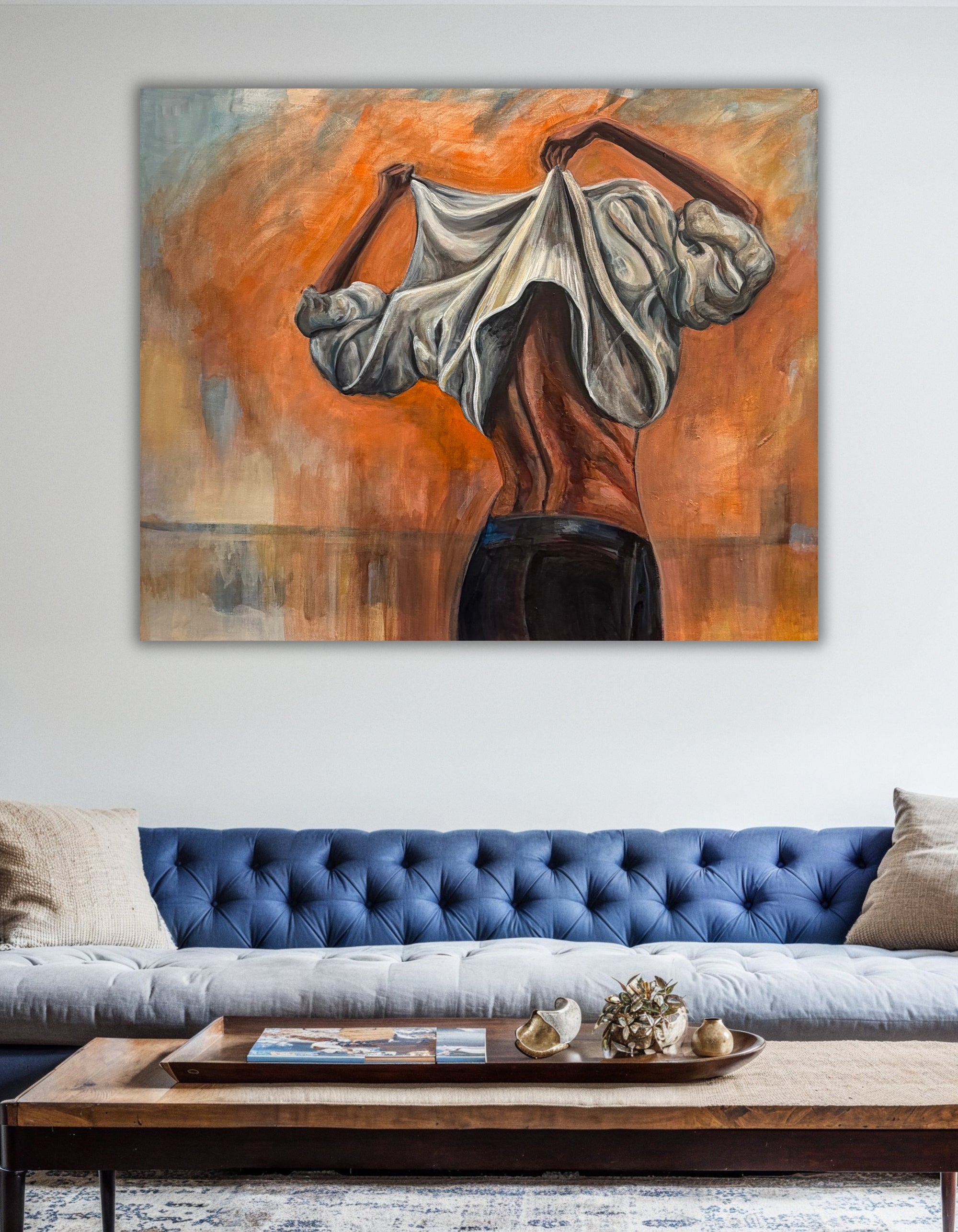 Courage, a painting daring to show what's underneath, by Nordic artist Ingela Johansson, in a Scandinavian interior