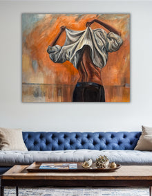 Courage, a painting daring to show what's underneath, by Nordic artist Ingela Johansson, in a Scandinavian interior