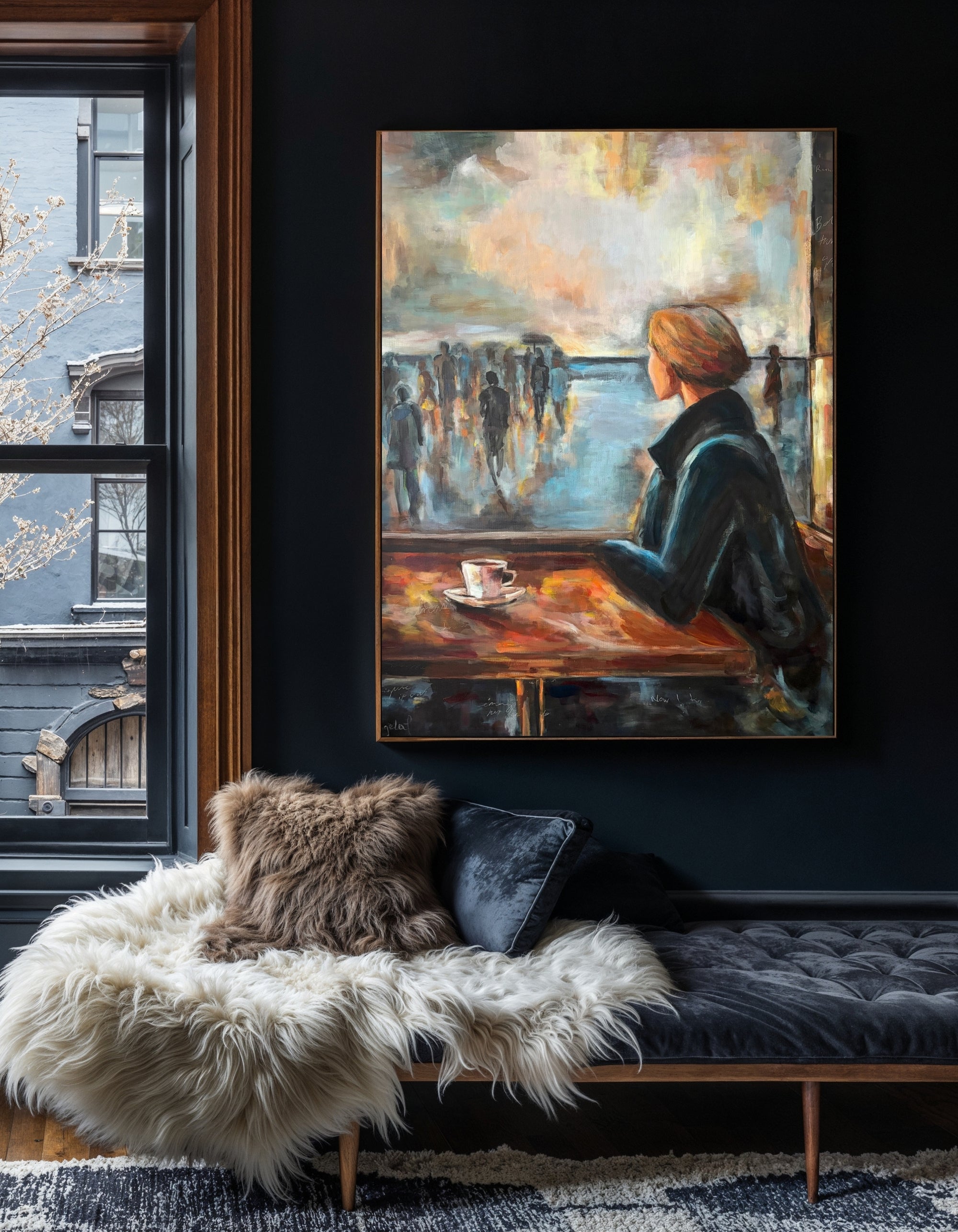 The City as a Living Film, original painting in an interior by Swedish artist Ingela Johansson