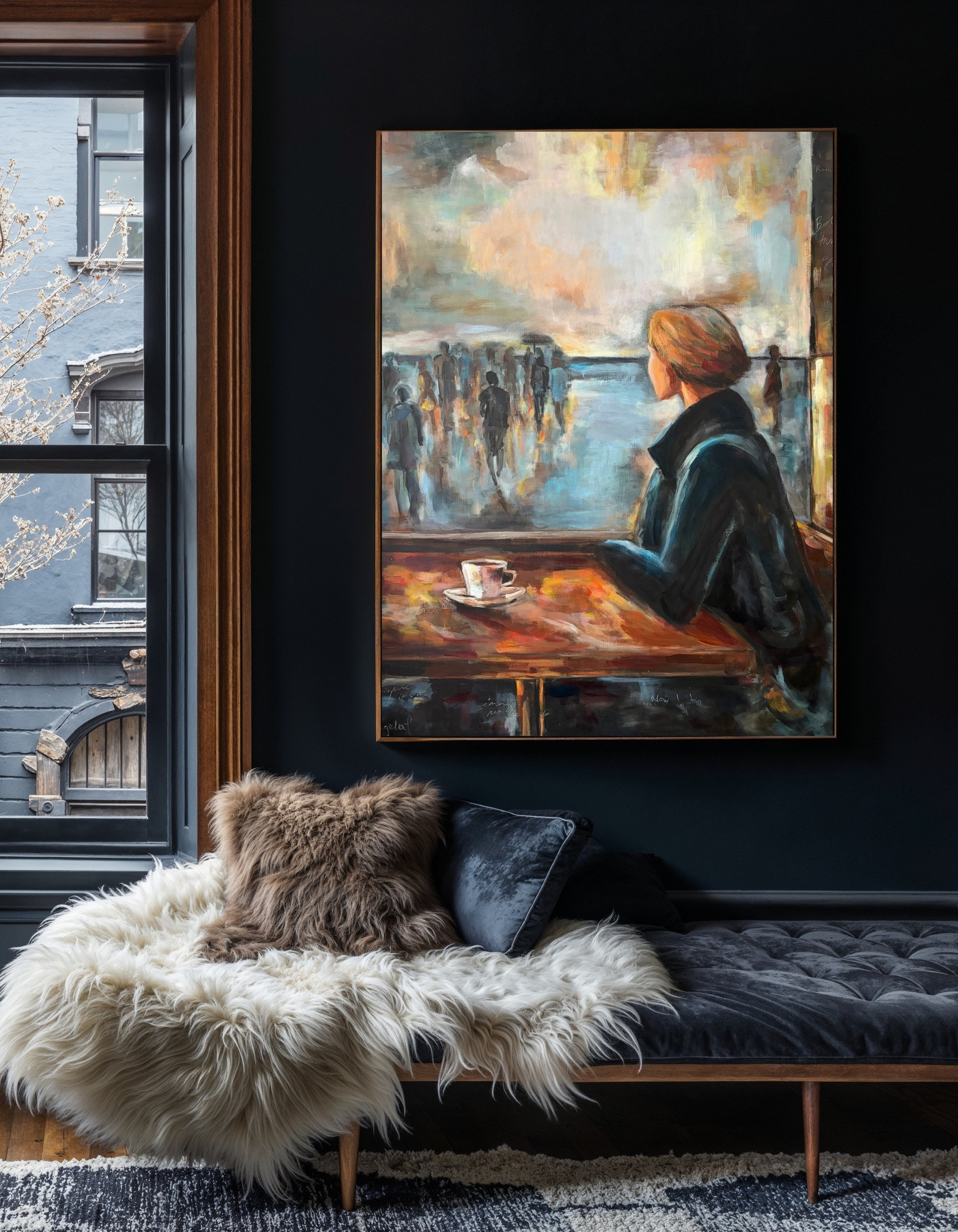 The City as a Living Film, original painting in an interior by Swedish artist Ingela Johansson