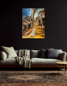 The temple of tomorrow original painting on canvas by Ingela Johansson inspired by the red silk dress novel. 