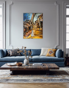 Artwork The temple of tomorrow by Ingela Johansson in an interior with blue sofa.