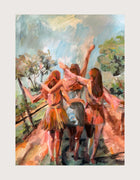 The Three of Us, an original acrylic painting on paper by Swedish artist Ingela Johansson — three women walking arm in arm along a sunlit path, celebrating shared stories 