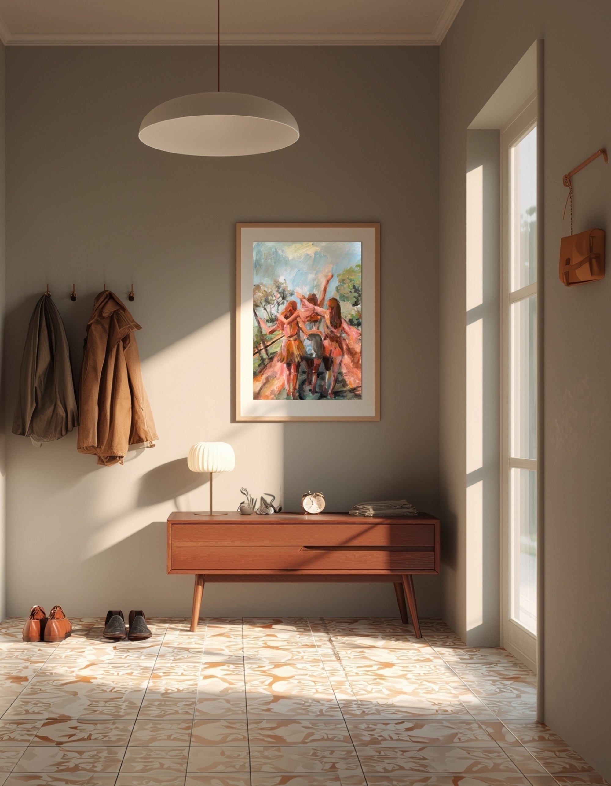 The Three of Us, an original work on paper by Swedish artist Ingela Johansson, displayed in a contemporary hallway.
