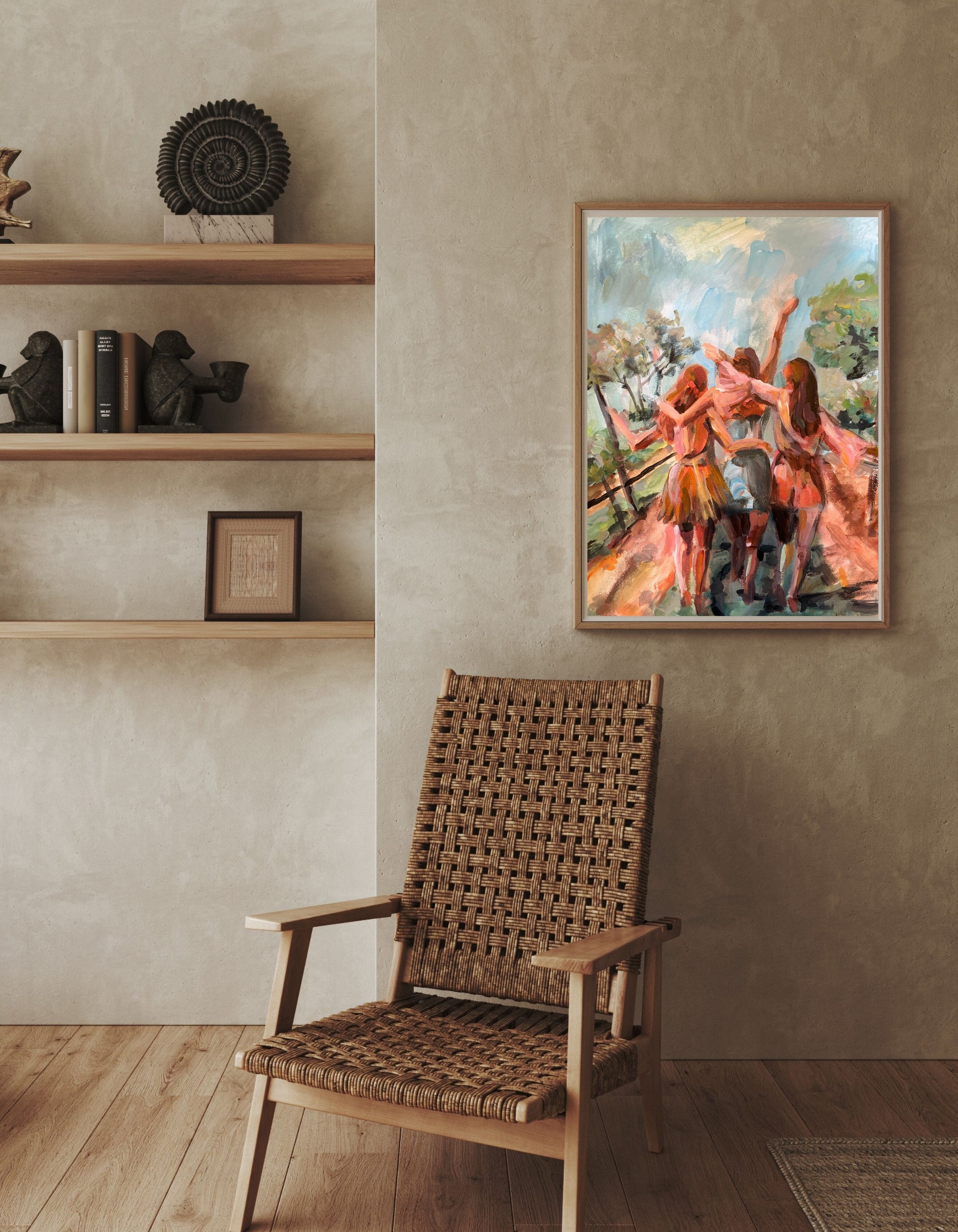 The Three of Us, an original work on paper by Swedish artist Ingela Johansson, displayed in a contemporary interior.