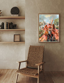 The Three of Us, an original work on paper by Swedish artist Ingela Johansson, displayed in a contemporary interior.