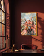 The three of us painting by Ingela Johansson in an office with a red wall. The painting depicts shared moments