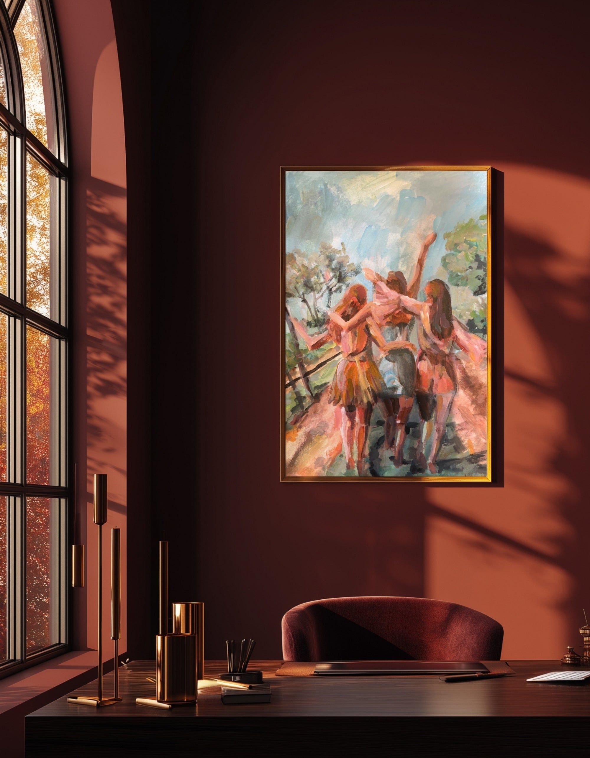 The three of us painting by Ingela Johansson in an office with a red wall. The painting depicts shared moments